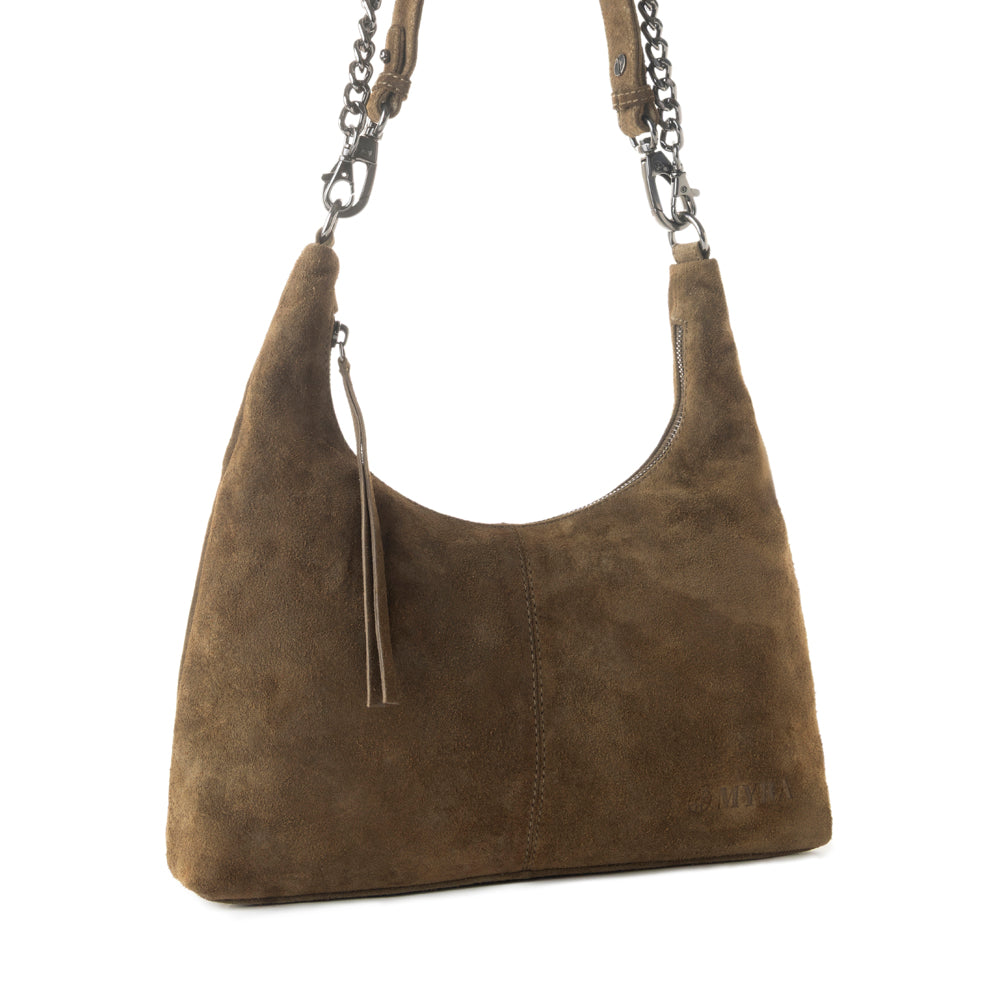 Myra Juniper Trail Genuine Suede Bag for Women in olive with soft finish with extra strap