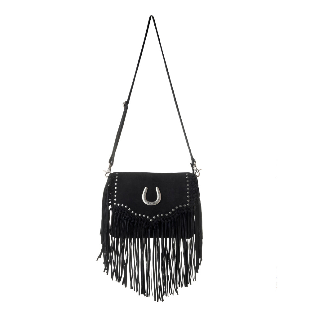 Myra Lucky Charm Leather Bag for Women in black with fringe and horseshoe detail