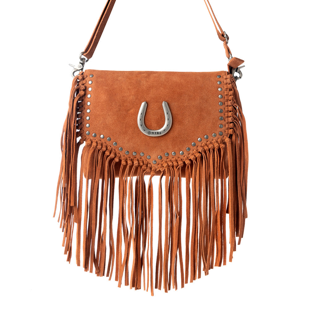 Myra Lucky Charm Leather Bag for Women in Brown with fringe and horseshoe detail