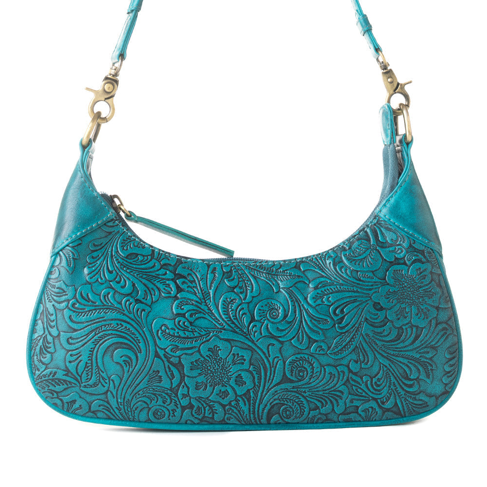 Myra Heritage Vine Embossed Leather Bag for Women in turquoise with shoulder strap
