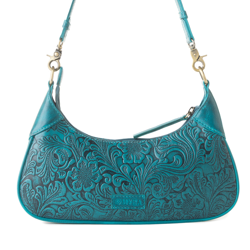 Myra Heritage Vine Embossed Leather Bag for Women in turquoise with shoulder strap