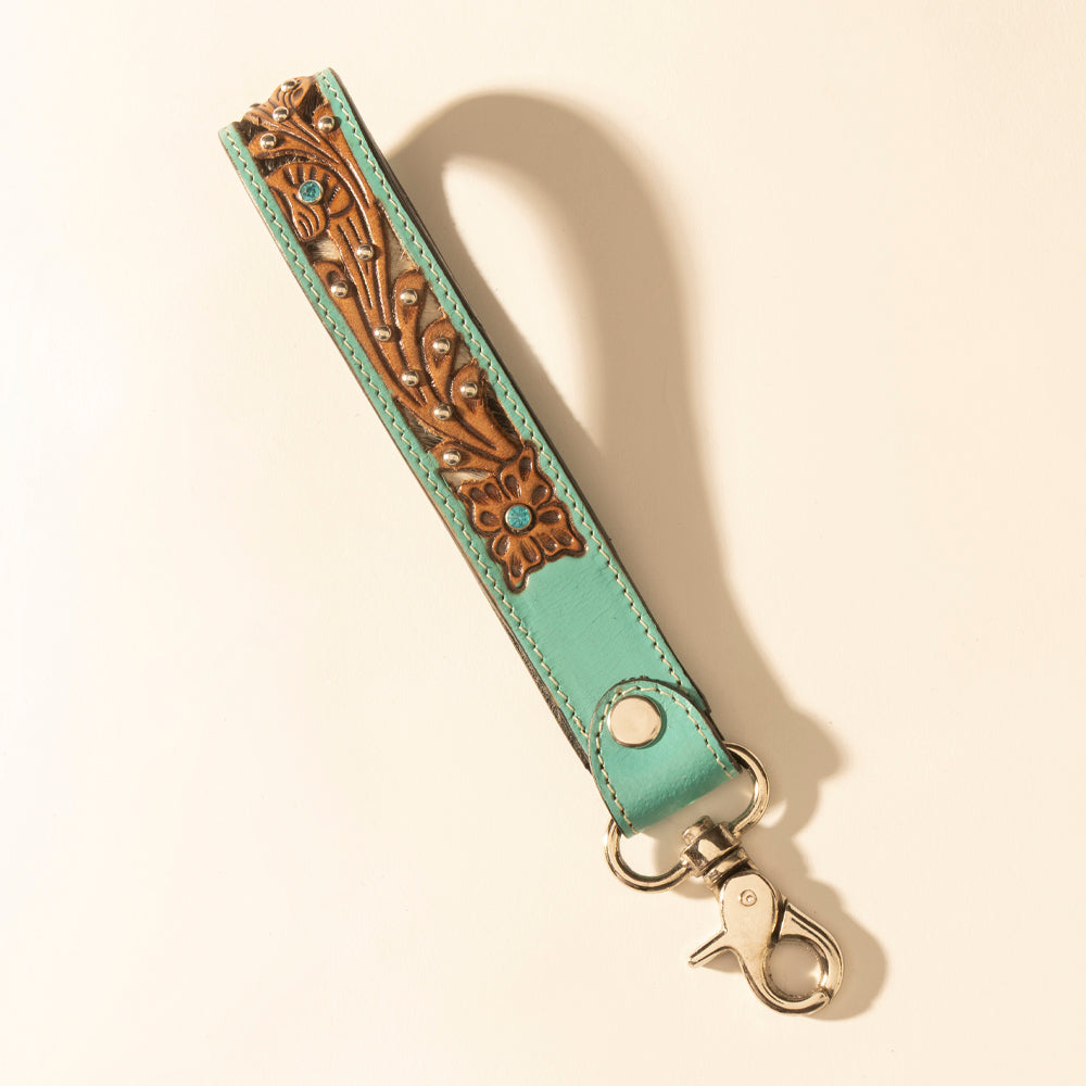 Myra River Glen Handtooled Hairon Leather Key Fob in Aqua Saddle