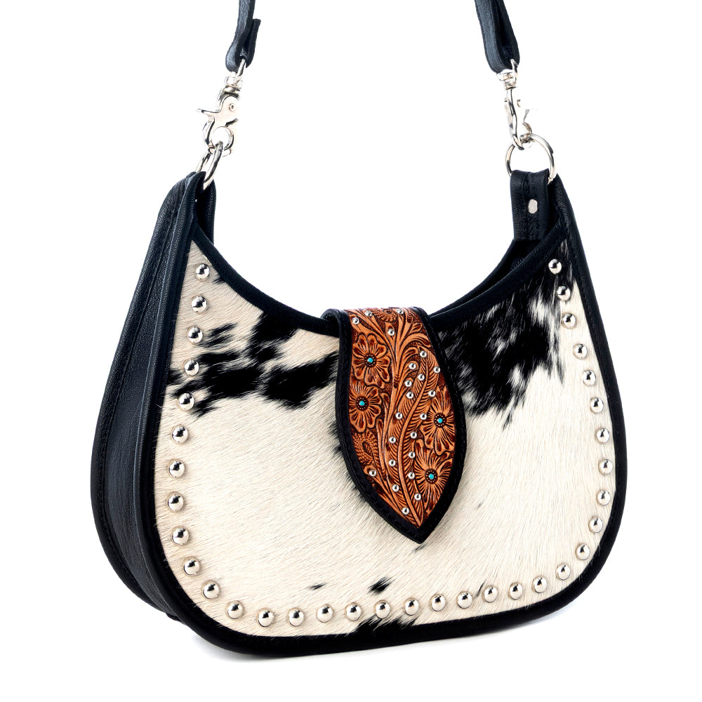 Myra Santa Fe Handtooled Bag for Women in Black with hairon and studded detail