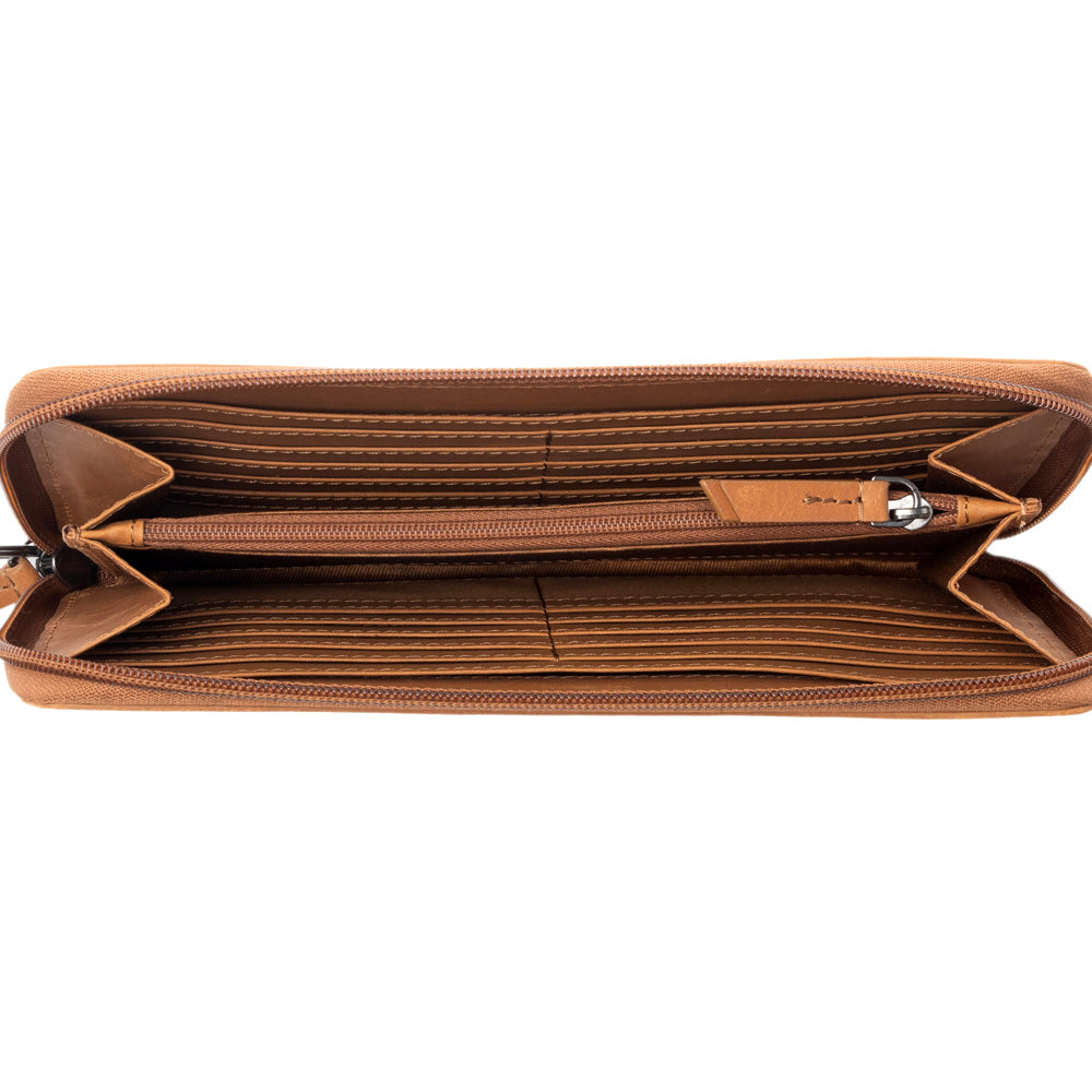Myra Kilim Trail Western Wallet for Women in brown with leather detail and RFID protection