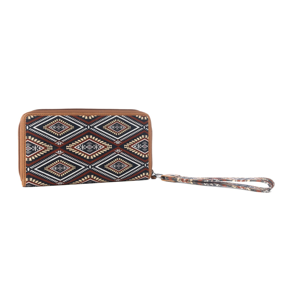 Myra Kilim Trail Western Wallet for Women in Mocha with leather detail and RFID protection