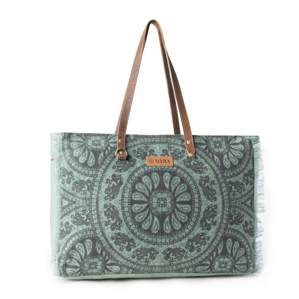 Myra Wildtusk Weekender Bag for Women in green with vintage print detail
