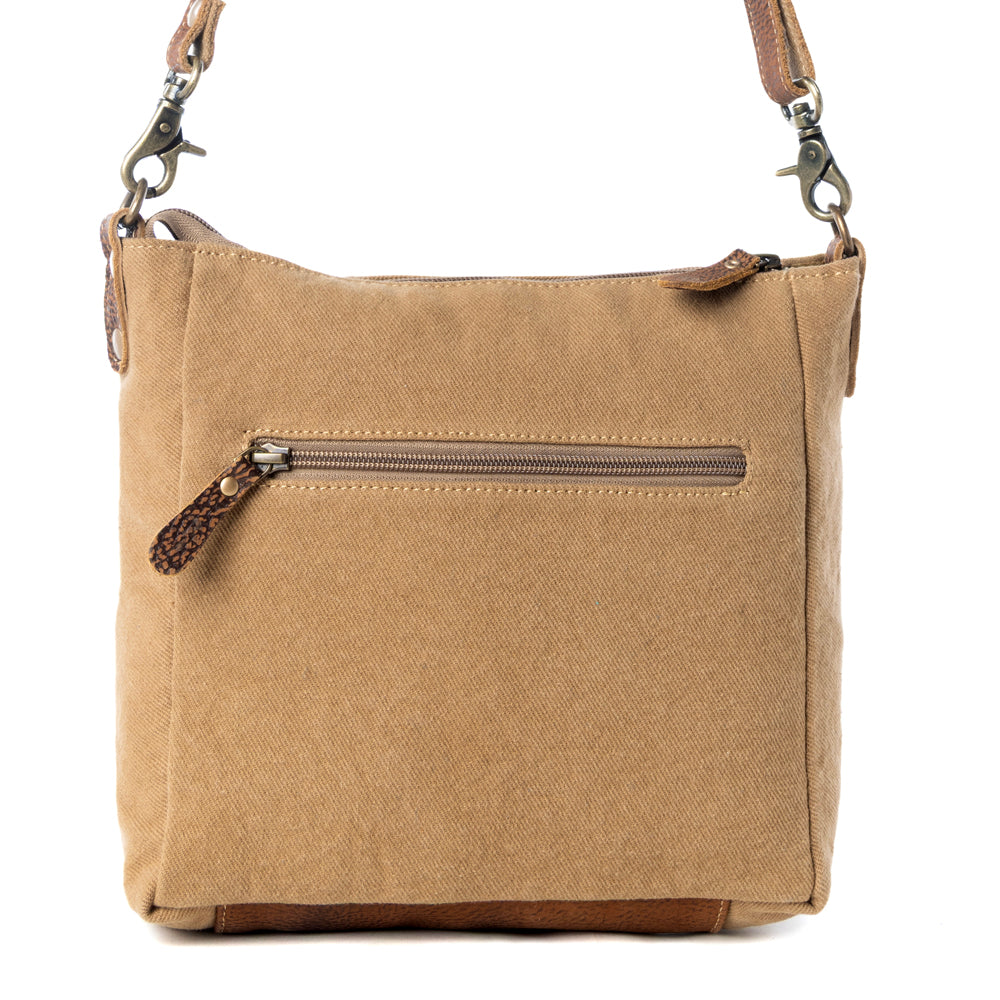 Myra Crestbloom Vintage Crossbody Bag for Women in olive with print detail