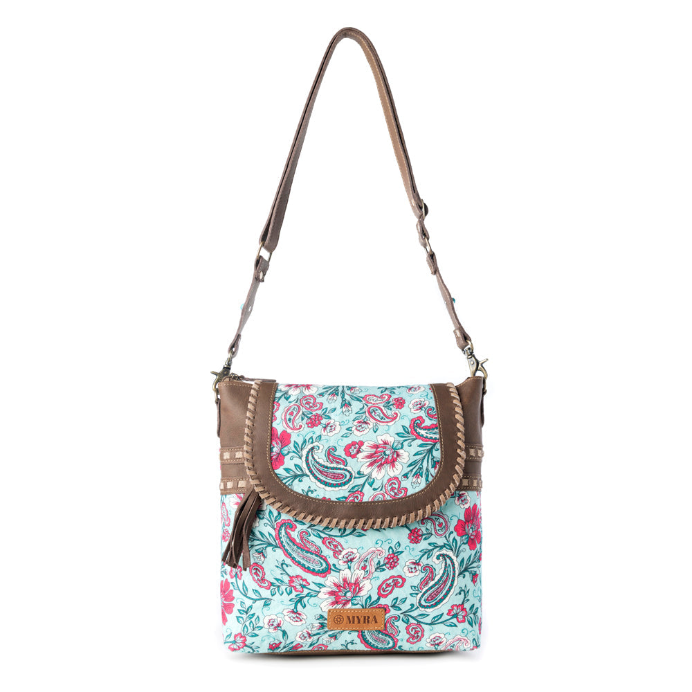 Myra Lagoon Lily upcycled canvas Bag for Women in blue with leather and weaved flap