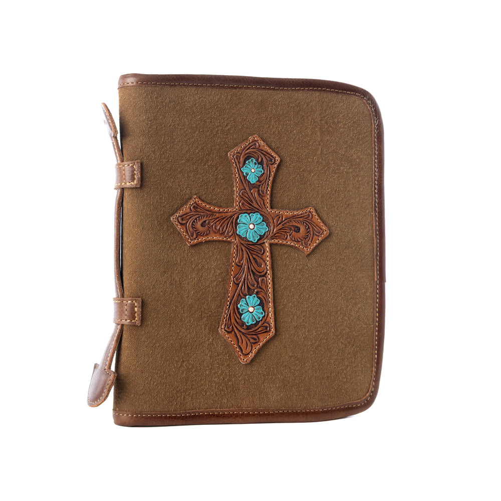 Myra Holycross Western Bible Cover in brown with flap closure and handtooled detail