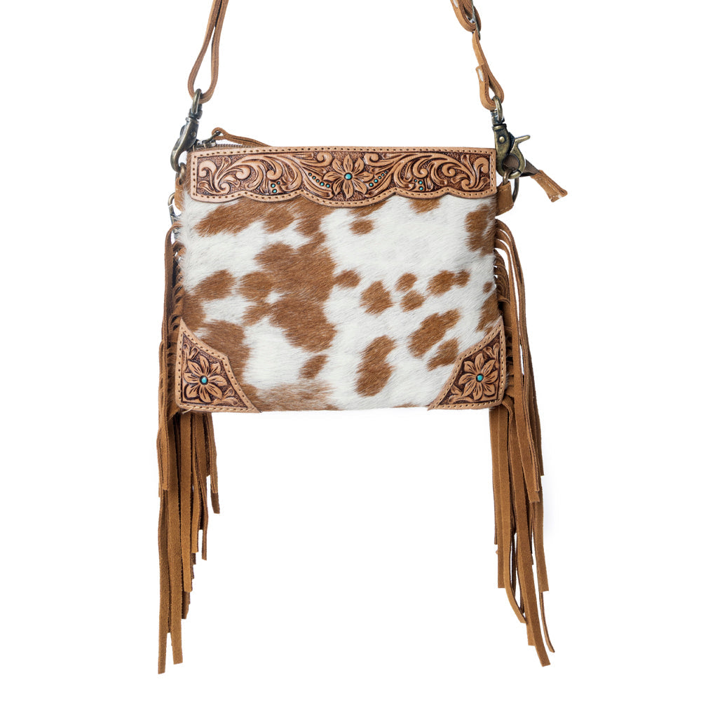 Myra Bourbon Trail Handtooled Bag for Women in brown with hairon and fringe detail