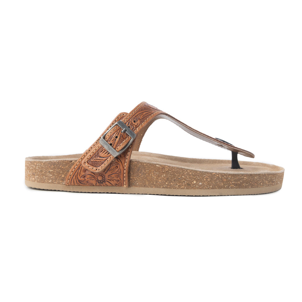 Myra Rosie Trail Handtooled Leather Sandals for Women – Cork Sole, Toe Ring Design for All-Day Comfort