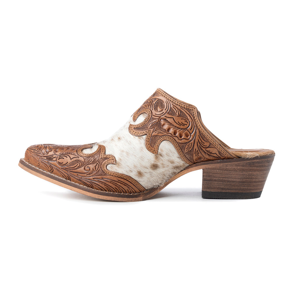Myra Lacey Leather Mules for Women - Handtooled Leather Mid Top with Hairon Accents for Everyday Rodeo Elegance